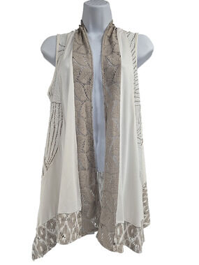 Chicos Womens Open Cardigan Vest White Brown Leaves Sleeveless Size 0 Small